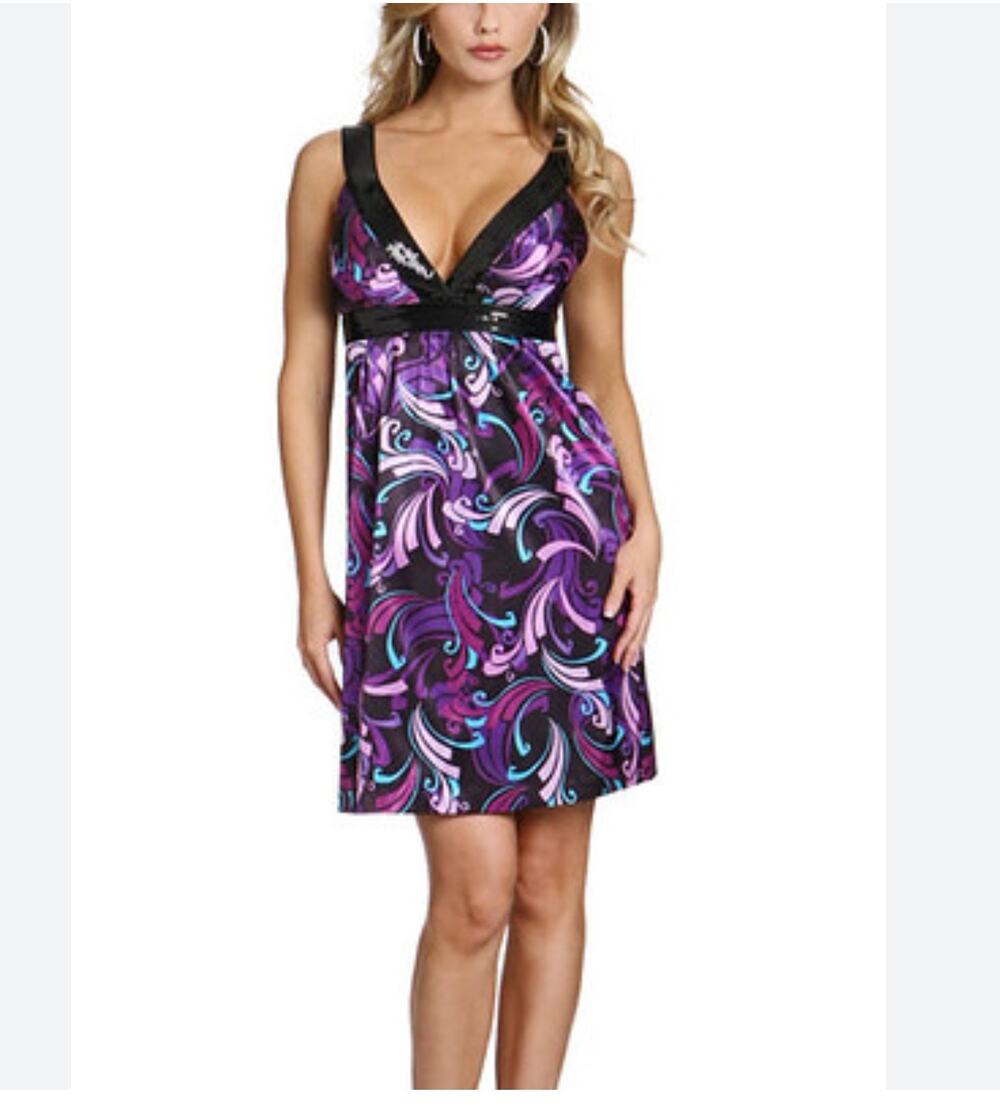 Guess V-Neck Babydoll Party Dress Sz. Sm/5 Purple & Black Sequin Straps 90โs Y2k